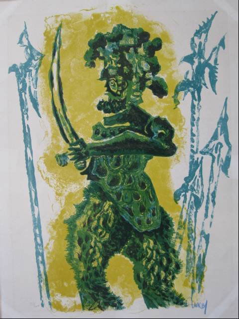 Jean Lurcat lithograph: Jean Lurcat- Abstracted Figure- lithograph in colors, signed in lbue pencil, together with a Hans Erni print as extracted from a book, some mat burn, slightly light struck.