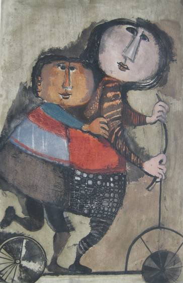 Graciela Rodo Boulanger etching: Graciela Rodo Boulanger- Two People on A Scooter- etching in colors, signed and numbered 33/100 in pencil, excellent condition. 23 1/4 x 15 1/4''