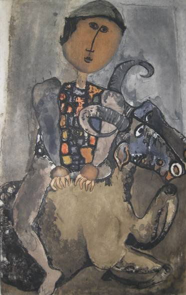 Graciela Rodo Boulanger etching: Graciela Rodo Boulanger- Man Sitting on Goat- etching in colors, signed and numbered 18/120 in pencil, excellent condition. 25 1/4 x 16''