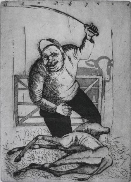 Sue Coe etching: Sue Coe- ''Stockyard''- etching, 1991, signed, dated, titled and numbered 30 in pencil, blindstamp of Murray Coe and artist's stamp in lower margin, very good condition. 10 1/4 x 7 3/8''