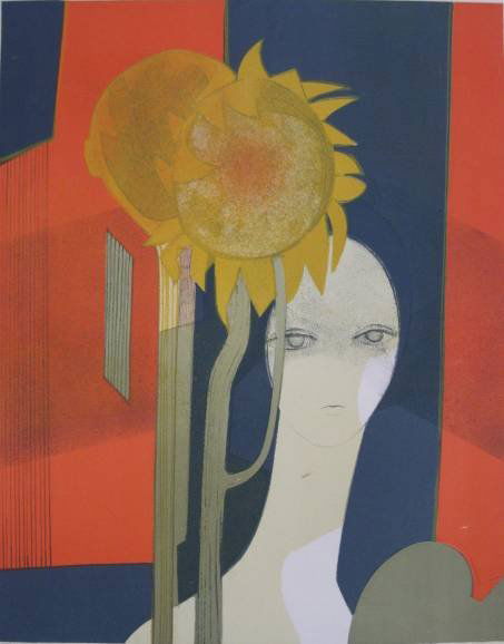 Andre Minaux lithograph in colors: Andre Minaux- ''Femme Au Tournesol I'' (Sorlier 240)- lithograph in colors, 1970, signed and numbered 51/120 in pencil, light struck and some mat burn. 26 1/2 x 21''