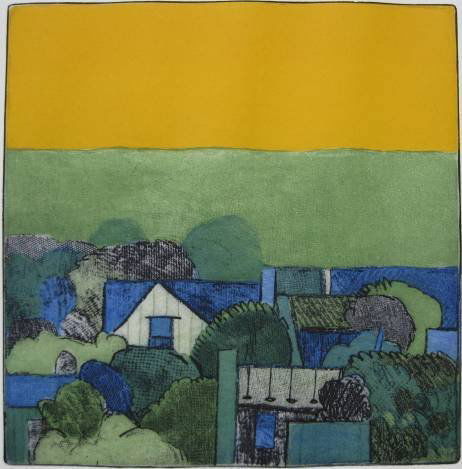 Linda Plotkin etching: Linda Plotkin- ''Village''- etching in colors, signed, titled and annotated 'artist proof' in pencil. 11 7/8 x 11 5/8''
