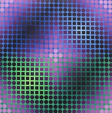 Victor Vasarely silkscreen: Victor Vasarely- Permutation in Purple, Blue and Green- silkscreen in colors, signed and numbered 20/150 in pencil, very good condition. 23 5/8 x 23 5/8''