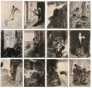 Albert Besnard ''La Femme'' etchings: Albert Besnard (French 1849-1934)- ''La Femme'' (Delteil 47-58)- series of 12 etchings, 1886-1887, all signed in pencil, titles include- ''La Femme''; ''L'Amoour''; ''L'Accouchement''; ''Le