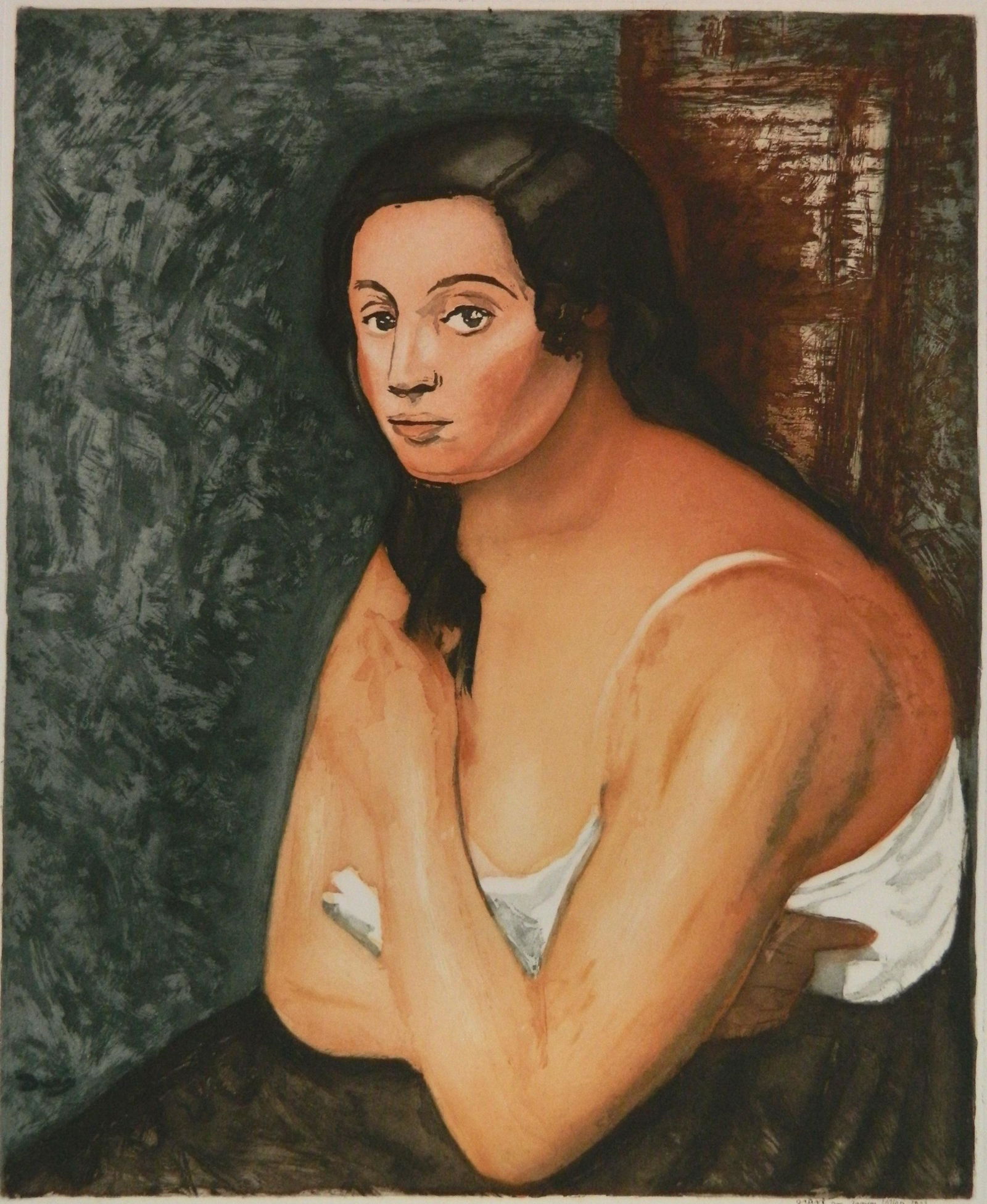 Jacques Villon aquatint: Jacques Villon (French 1875-1963)- ''Buste De Femme'' (Ginestet & Pouillon E635)- aquatint in color, 1925, after Andre Derain (French 1880-1954)- signed and numbered 105/200 in pencil, signed in penci