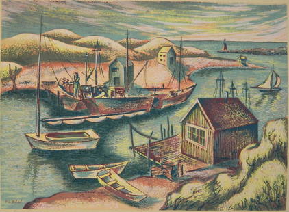 Leon Bibel serigraph: Leon Bibel (American 1912-1995)- Harbor Scene- serigraph in color, 1938, signed, dated and numbered `5/35 in pencil, paper very slightly age toned, some minor soiling in margins. 13 7/8 x 19 1/4''