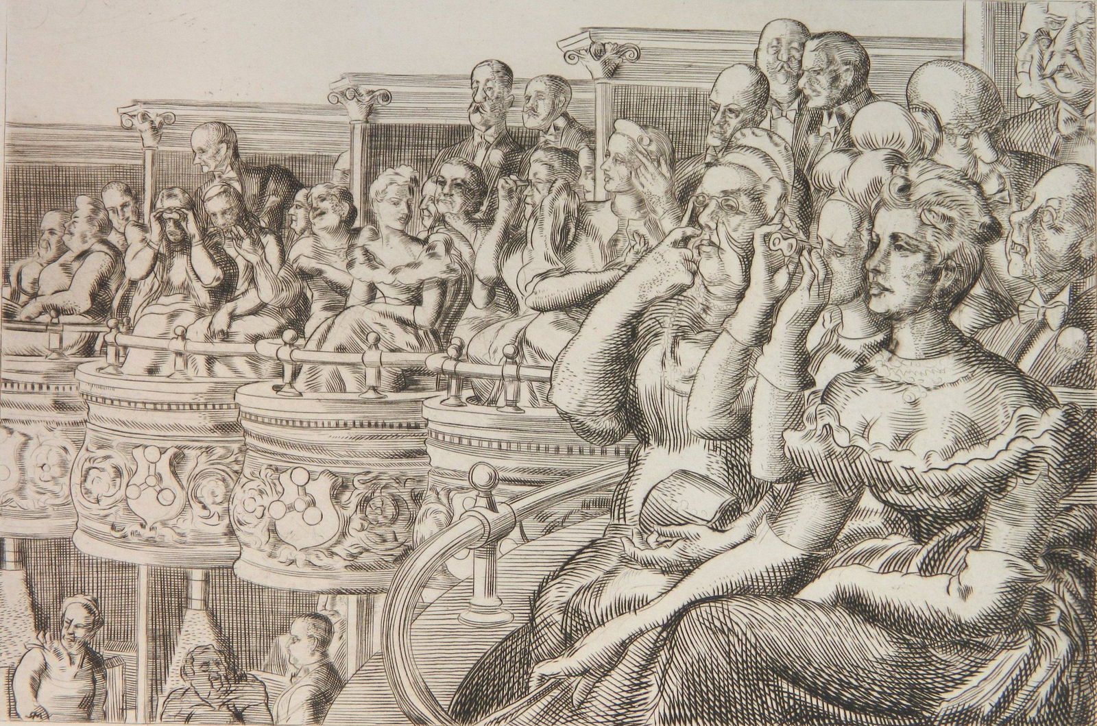 Reginald Marsh etching: Reginald Marsh (American 1898-1954)- ''Grand Tier At the Met'' (Sasowsky 190)- engraving, 1939, numbered 92/100 in pencil, as published in 1969 by Whitney Museum of American Art, Whitney Museum blinds