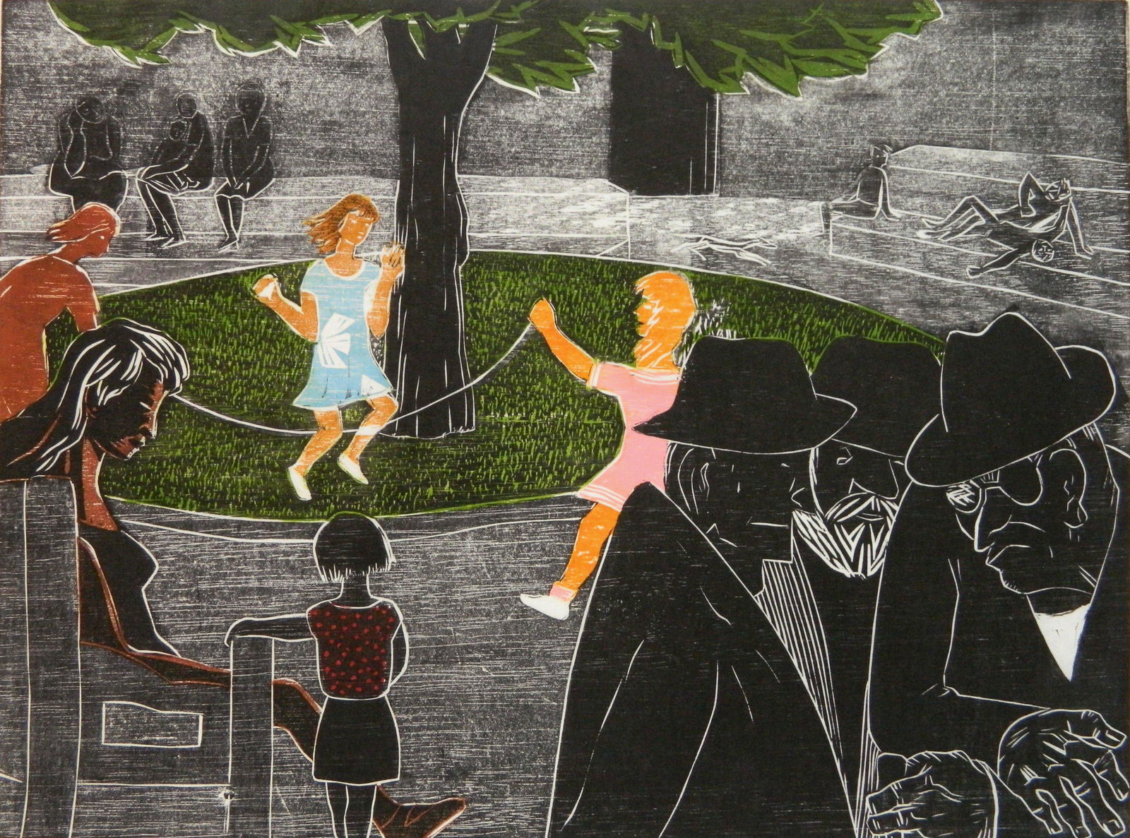 Francisco Amighetti woodcut: Francsico Amighetti (Costa Rican 1907-1998)- ''Parque''- woodcut in color, 1986, signed, dated, titled and numbered 42/51 in pencil. 17 1/2 23 1/2''