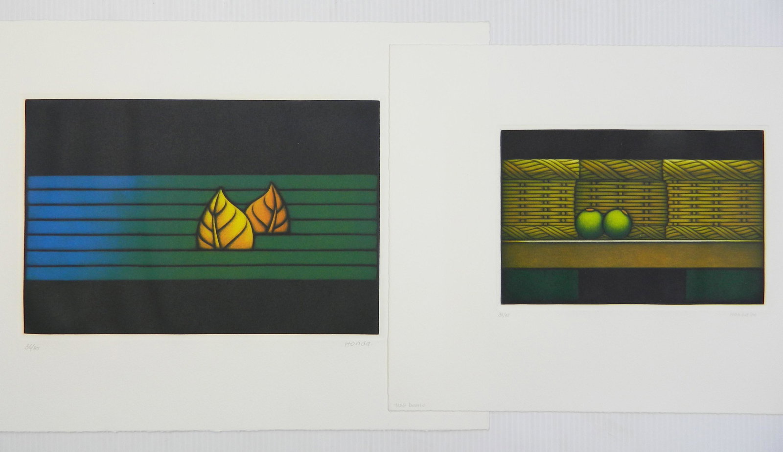 2 Kazuhisa Honda mezzotints: Kazuhisa Honda (Japanese 1948- )- 1). ''River''- mezzotint in colors, 1984, signed and numbered in pencil, edition of 85, very good condition. 7 5/8 x 11 1/2'' 2). ''Two Beans''- mezzotint in colors,