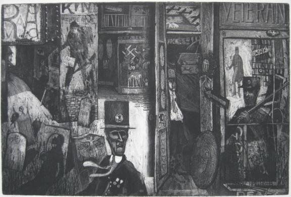 contemporary American prints, 1970's: Lot of 10 contemporary American prints, ca. 1970's- George Ramsay- ''The Love of Ware is Unrequited''- etching; Unknown- Untitled- lithograph; Unknown- Untitled- lithograph; Mel Rogers- Untitled- silk