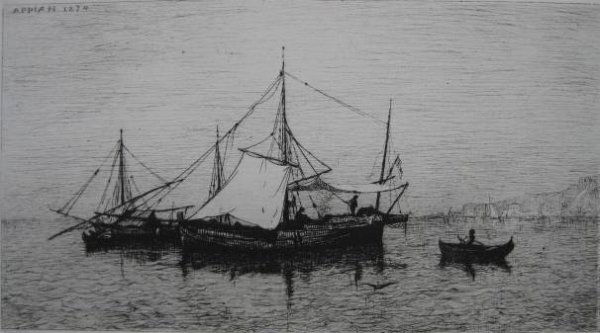 Adolphe Appian etching: Adolphe Appian- ''Barque De Pecheurs''- etching, 1874, as extracted from a volume, minor foxing and soiling throughout. 44 1/2 x 8''