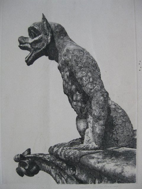 John Taylor Arms etching: John Taylor Arms- ''A Devil of Notre Dame'' (Fletcher 222)- etching, 1929, signed and dated in pencil, edition of 255, Gargoyle Series #13, soft vertical crease through paper, ink stains in right marg