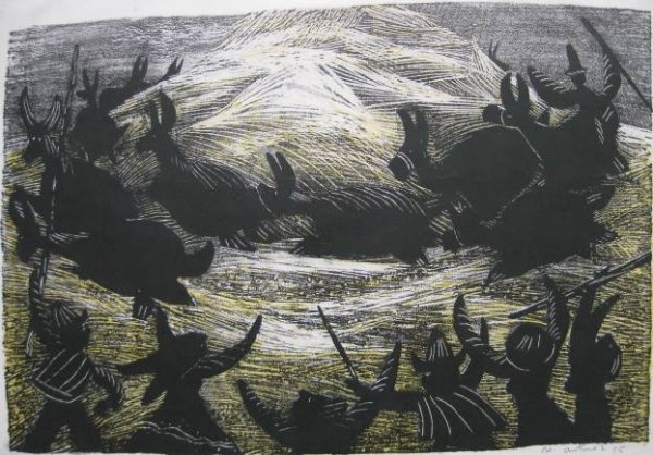 Nemsio Antunez woodcut- Chilean: Nemesio Antunez- ''La Trilla''- woodcut in two colors, 1955, signed, dated, titled and numbered 32/100 in pencil, very good condition. 14 x 20 1/2''
