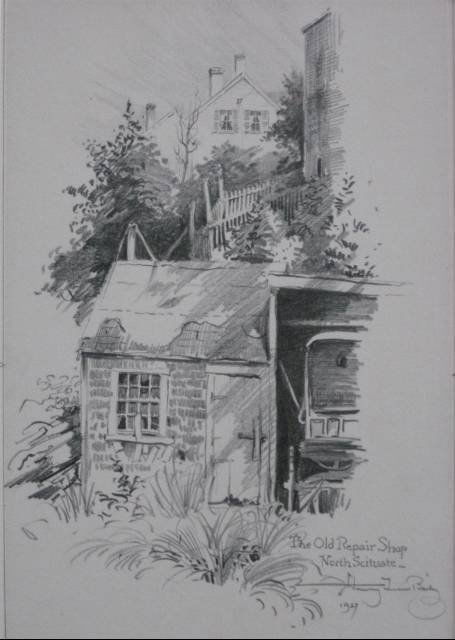 Henry Bailey graphite drawing: Henry Bailey- ''The Old Repair Shop, North Scituate''- graphite on cardboard, 1927, signed, titled and dated lower right, minor soiling otherwise good condition. 11 1/2 x 7 1/4''