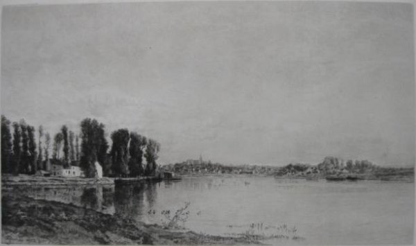 William Bauer etching: William Bauer- Seine at Pontoise- etching, signed in pencil with remarque, after a painting by Charles Davis, some staining and soiling in margins and verso, corners turned. 12 5/8 x 21 3/4''