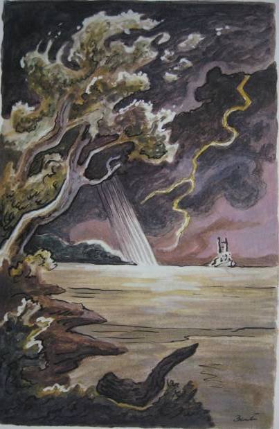 after Thomas Hart Benton lithograph: after Thomas Hart Benton- ''The Third Storm''- off-set lithograph, numbered 292/9500 in pencil, very good condition. 21 3/4 x 14''