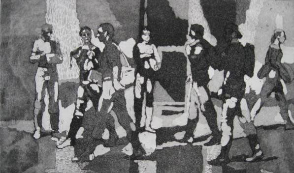 Isabel Bishop etching: Isabel Bishop- ''Seven Students'' (Teller 79)- etching and aquatint, 1981-82, signed in pencil, edition of 75, very good condition. 5 x 8''