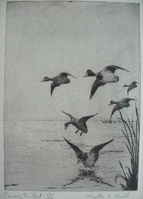 Walter Bohl- ''Coming to Rest''- etching: Walter Bohl- ''Coming to Rest''- etching, signed, titled and numbered 58/100 in pencil, old paper tape around outer edges otherwise good condition. 6 7/8 x 4 7/8''