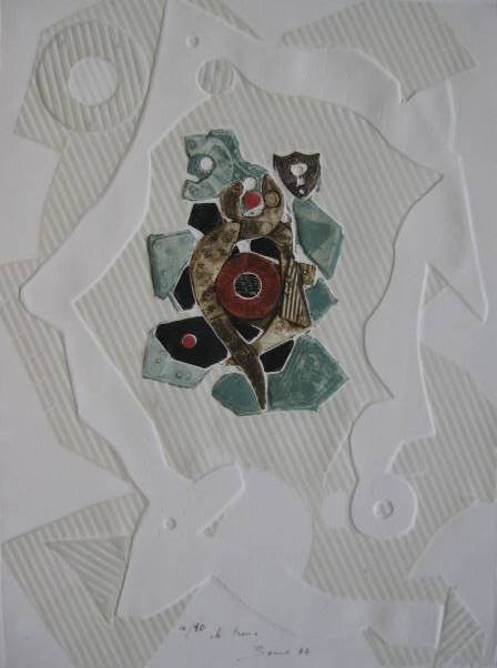 Paolo Boni- etching in colors with embossing: Paolo Boni- ''Le Trou''- etching in colors with embossing, 1977, signed, dated, titled and numbered 16/40 in pencil, very good condition. 15 x 11 1/8''