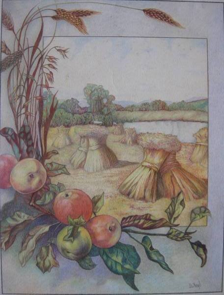 Jeannie L. Boyd color pencil drawing: Jeannie L. Boyd- Harvest Time- color pencil on paper, signed lower right, paper age toned otherwise very good condition. 13 x 9 7/8''