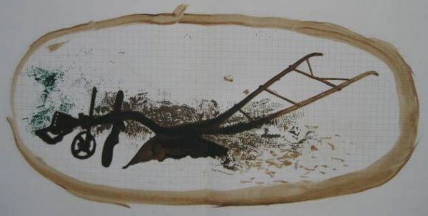 George Braque lithograph from D.L.M.: George Braque- ''La Charrue'' (Vallier 150)- lithograph in colors, 1960, as reprinted as a double spread in Derriere Le Miroir, No. 119 on the occasion of a Braque exhibition at Galerie Maeght, Paris,