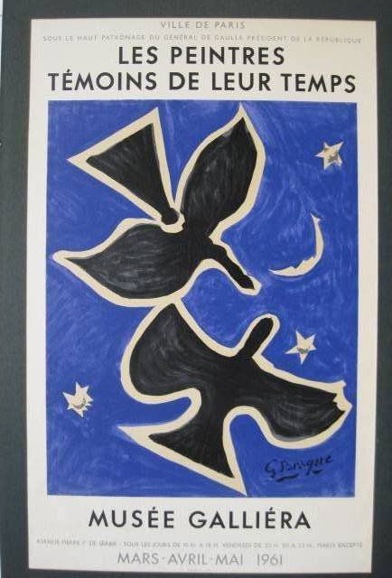George Braque lithographic poster: after George Braque- ''Les Peintres Temoins De Leur Temps''- lithographic poster in colors, 1961, published by MOurlot for the Musee Galleria, sandwiched and mat burn.