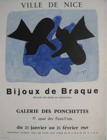 after George Braque lithographic poster: after George Braque- ''Ville de Nice'Bijoux de Braque''- lithographic poster in colors, 1969, published by Mazarine, minor handling creases, some soiling. 25 1/2 x 19 5/8''