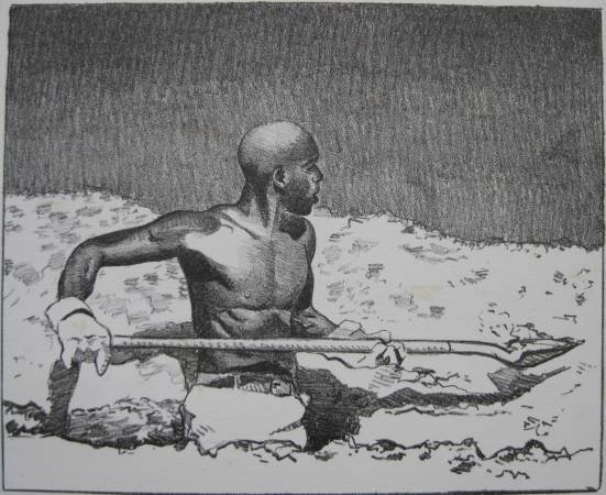John Briggs lithograph: John Briggs- Man Digging Hole- lithograph, signed and numbered 12/25 in pencil, minor staining in image. 7 3/4 x 9 3/4''