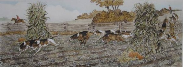 Paul Brown chromolithograph: Paul Brown- ''Pressing Him'' chromolithograph, 1937, signed and numbered 76/250 in pencil, as published by the Derrydale Press, slightly light struck otherwise good condition. 7 7/8 x 21 3/4''