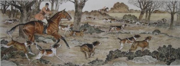 Paul Brown chromolithograph: Paul Brown- ''Hoick, Hoick, Hoick'' chromolithograph, 1937, signed and numbered 76/250 in pencil, as published by the Derrydale Press, slightly light struck otherwise good condition. 7 7/8 x 21 3/4''