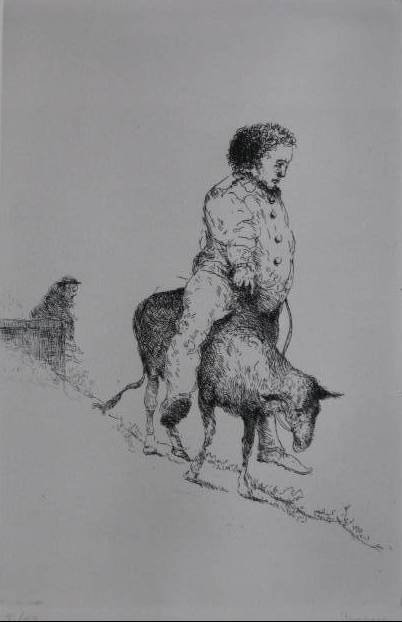 Vincent Capraro etching: Vincent Capraro- ''Man on a Donkey''- etching, signed and numbered 5/50 in pencil, slight mat burn otherwise good condition. 11 3/4 x 7 3/4''