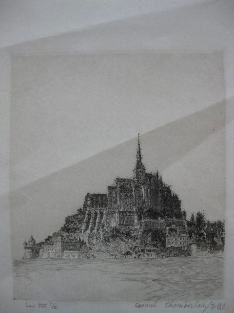 Samuel Chamberlain etching: Samuel Chamberlain- ''Mont-Saint-Michel''- etching, estate singed in pencil and annotated 'Second State I/III' in pencil, 3 vertical creases (2 in image) otherwise good condition.