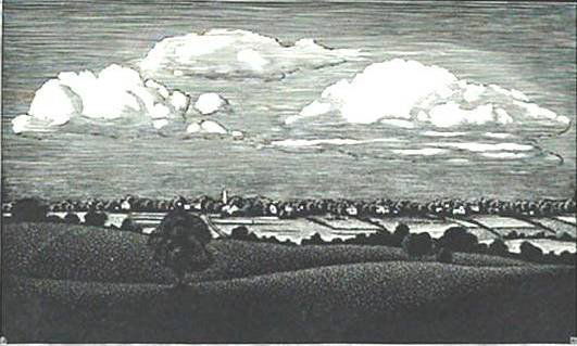 Asa Cheffetz wood engraving: Asa Cheffetz- ''Clouds over the Valley'' (Springfield 51)- wood engraving, 1935, AAG edition of about 200, very good condition. 4 5/8 x 7 5/8''