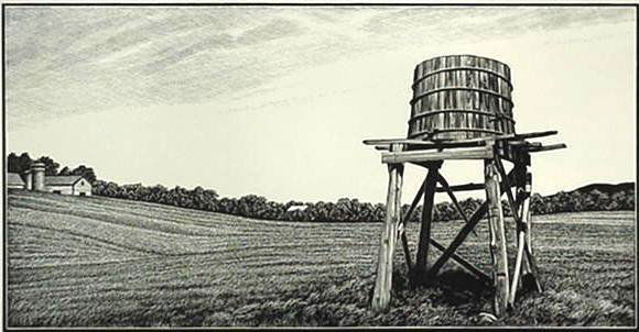 Asa Cheffetz wood engraving: Asa Cheffetz- ''Water Tower'' (Springfield 87)- wood engraving, 1949, signed in pencil, edition of 250, very good condition. 4 5/8 x 8 15/16''