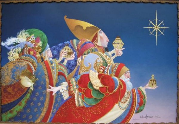 James Christensen lithograph: James C. Christensen- ''We Three Kings''- lithograph in colors, 2003, signed and numbered 661/950 in pencil, as published by Greenwich workshop, very good condition. 13 1/2 x 20''