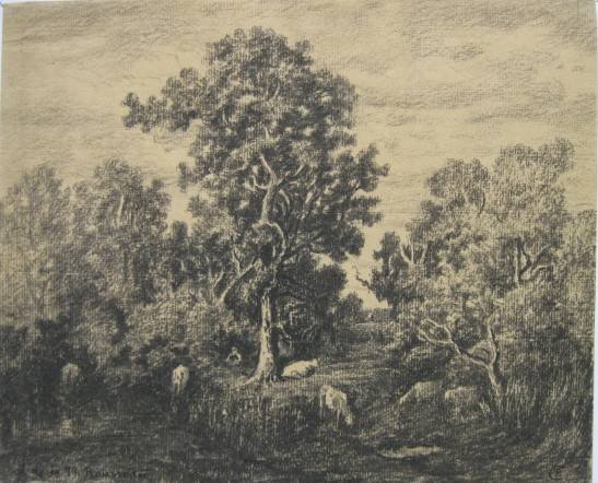 Paul F. L. Covion graphite drawing: Paul Frederic Leopold Covion- Barbizon Landscape- black crayon and graphite on paper, after a painting by Theodore Rousseau, lower edge slightly creased otherwise good condition. 8 3/4 x 10 1/2''