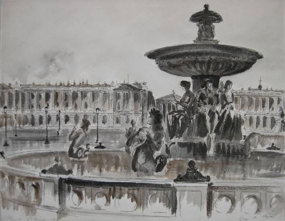 Guy De Neyrac pen and ink- Paris: Guy De Neyrac-''Place de la Concorde, Paris''- pen and ink and watercolor on paper, signed in pen, paper age toned. 18 1/2 x 23 1/2''