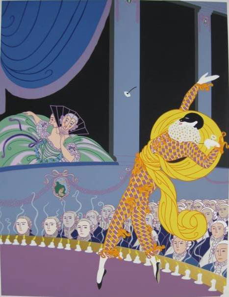 Erte silkscreen in colors: Erte- ''Send in The Clowns''- silkscreen in colors, signed and numbered 83/300 in pencil, very good condition. 18 x 23 1/2''