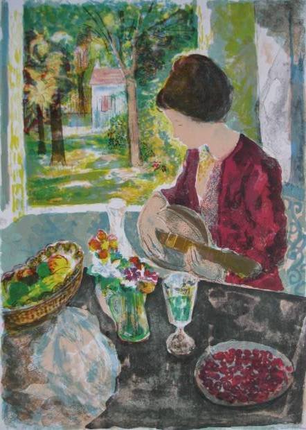 E. Grau-Sala lithograph in colors: 2 Contemporary European lithographs- Emilio Grau-Sala- Woman in Interior- lithograph in colors, signed and numbered 204/275 in pencil together with a Unknown- Mother and Child-lithograph in colors, 19