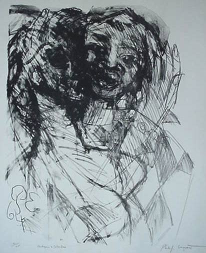 Philip Evergood lithograph- ''Harlequin & Columbin: Philip Evergood- ''Harlequin & Columbine'' (Lippard 171)- lithograph, 1964, signed and titled in pencil, minor handling creases otherwise very good condition. 23 1/2 x 18 1/2''