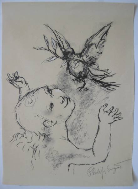 Philip Evergood off-set lithograph: Philip Evergood- Girl and Bird- off-set lithograph after a drawing, signed in pencil, small hole in paper above signature, small tear lower right along bottom edge. 17 1/2 x 13 1/2''