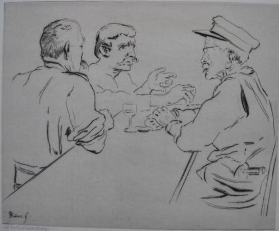 A. Hugh Fisher etching: A. Hugh fisher- ''Cafe Des Ouvriers, Paris''- etching, signed and titled in pencil, two old paper tape hinges at top 2 corners otherwise very good condition. 8 7/8 x 11''
