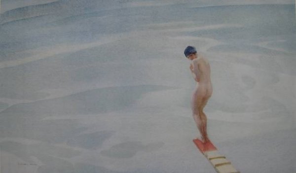 after W. R. Flint lithograph: after Sir William Russell Flint- ''The Spring Board''- off-set lithograph in colors after a watercolor, signed in pencil, light struck, some soiling in margins otherwise good condition. 10 1/4 x 16 7/