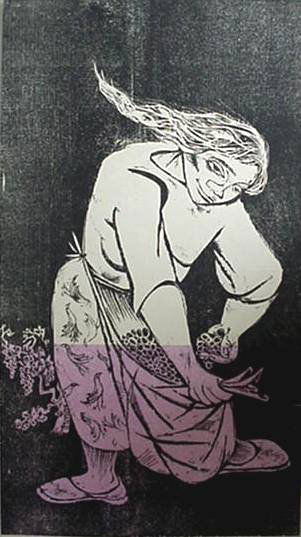 Antonio Frasconi woodcut: Antonio Frasconi- The Grape Picker- woodcut in colors, 1951, as printed for a poster for Weyhe Gallery, 3 folds as should be, masking tape in four corners, part of lower right corner missing, paper se