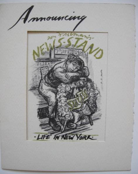 Don Freeman- News-Stand announcement: Don Freeman- News-Stand- mixed media as announcement in form of a greeting card. 7 1/2 x 6''