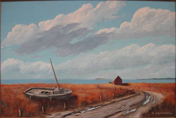 Ray Grathwol oil: Ray Grathwol- By The Sea- oil on masonite, signed lower right, very good condition. 24 x 36''