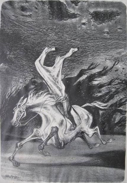 William Gropper lithograph: William Gropper- ''The Headless Horseman''- lithograph, signed in pencil, AAA edition, slightly light struck, minor foxing. 13 x 9''