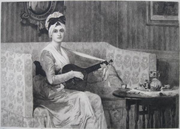 James King etching: James King- Woman Playing A Mandolin- etching, signed in pencil, after painting by F. D. Millet, stamped inventory number A10487 in blue, with a remarque, some smudging and creasing, otherwise good co