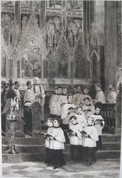 James King etching: James King- ''The Recessional''- etching, after painting by Jennie Brownscombe, severe smudging and staining in margin and verso, creasing and bent edges. 27 1/4 x 18 1/4''