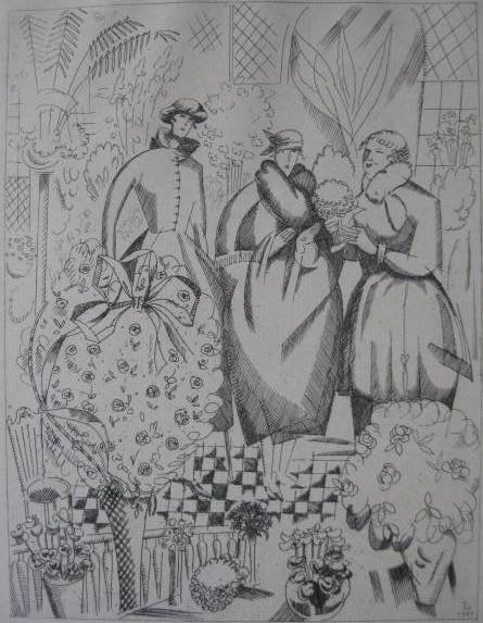 Jean Emile Laboureur engraving: Jean Emile Laboureur- ''Chez La Floriste''- engraving. 7 1/8 x 5 1/2''